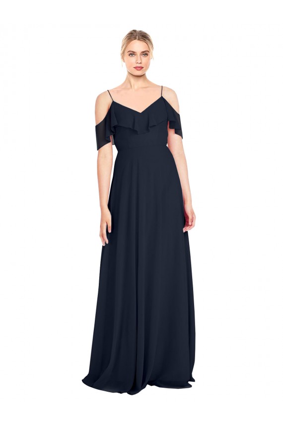Billigste Dunkelmarine A-Linien Off-Schulter Spaghetti-Träger Chiffon Lange Brautjungfernkleider