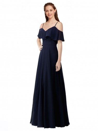Billigste Dunkelmarine A-Linien Off-Schulter V-Ausschnitt Chiffon Lange Brautjungfernkleider