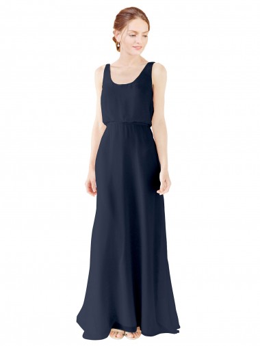 Billigste Dunkelmarine A-Linien Scoop Chiffon Lange Brautjungfernkleider