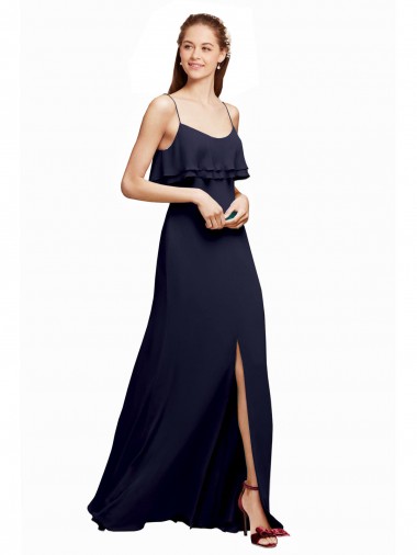 Billigste Dunkelmarine A-Linien Spaghetti-Träger Scoop Chiffon Lange Brautjungfernkleider