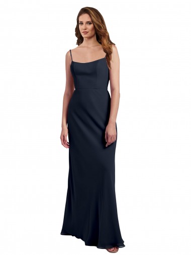 Billigste Dunkelmarine A-Linien Spaghetti-Träger Scoop Chiffon Lange Brautjungfernkleider