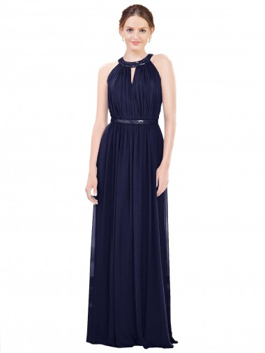 Billigste Dunkelmarine A-Linien Stehkragen Ausschnitt Chiffon Lange Brautjungfernkleider