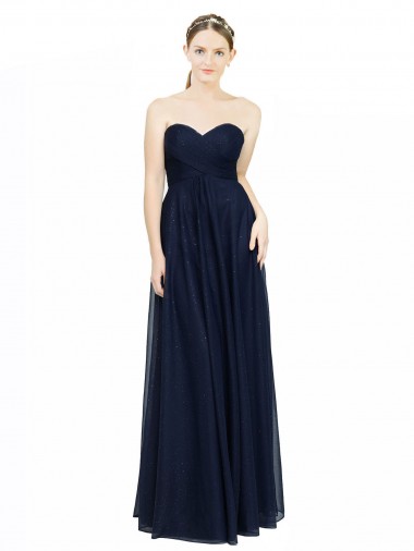 Billigste Dunkelmarine A-Linien Trägerlos Chiffon Lange Brautjungfernkleider