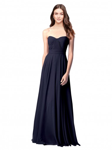 Billigste Dunkelmarine A-Linien Trägerlos Chiffon Lange Brautjungfernkleider
