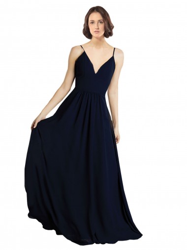Billigste Dunkelmarine A-Linien V-Ausschnitt Chiffon Lange Brautjungfernkleider
