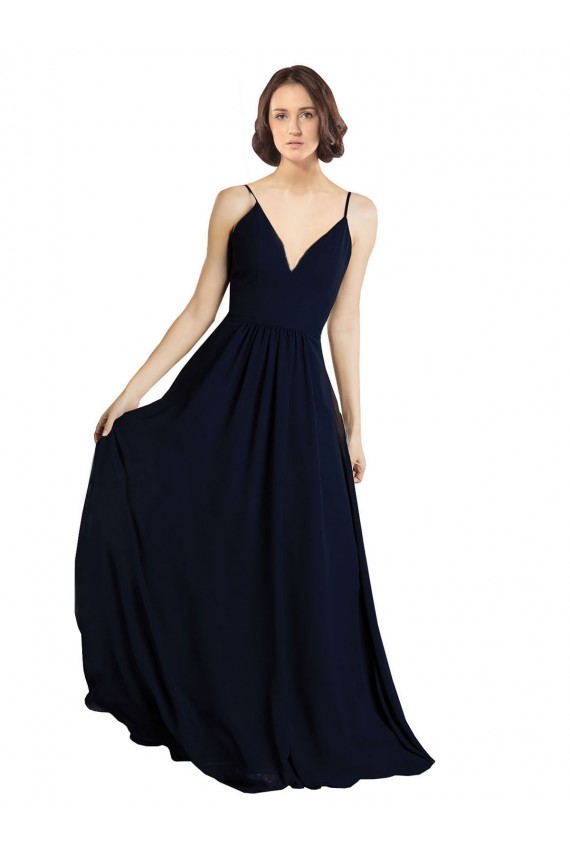 Billigste Dunkelmarine A-Linien V-Ausschnitt Chiffon Lange Brautjungfernkleider
