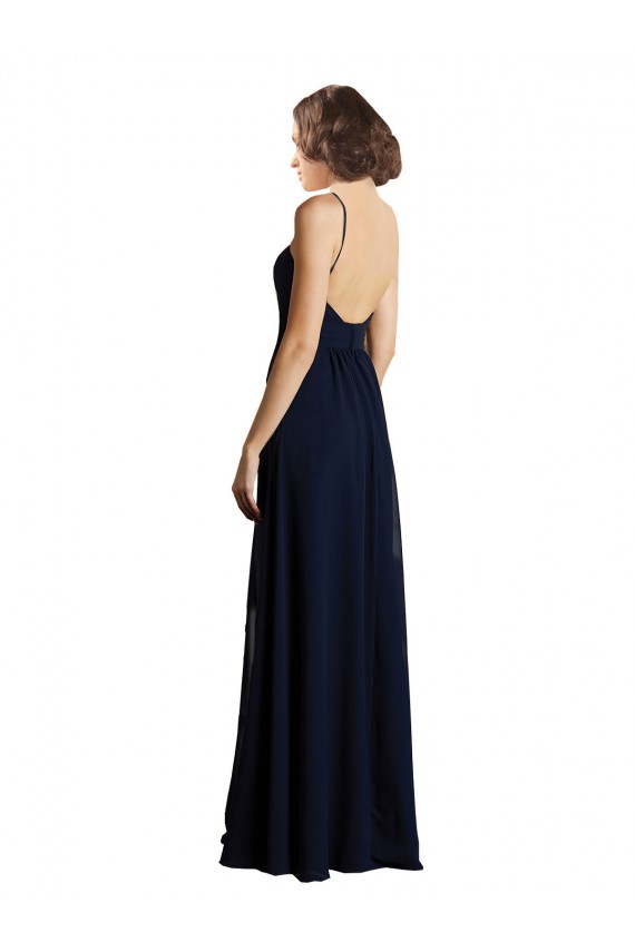 Billigste Dunkelmarine A-Linien V-Ausschnitt Chiffon Lange Brautjungfernkleider