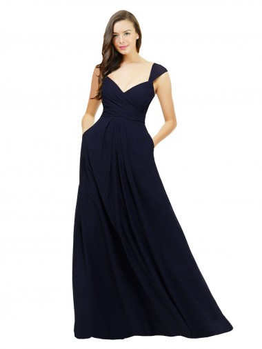 Billigste Dunkelmarine A-Linien V-Ausschnitt Chiffon Lange Brautjungfernkleider