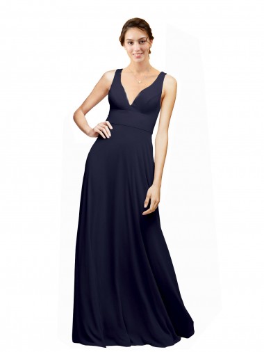 Billigste Dunkelmarine A-Linien V-Ausschnitt Chiffon Lange Brautjungfernkleider