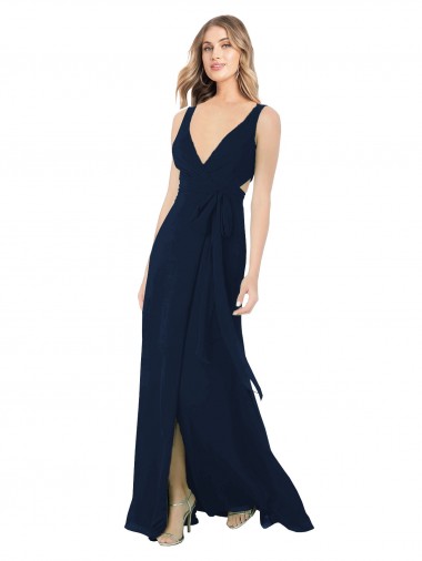Billigste Dunkelmarine A-Linien V-Ausschnitt Chiffon Lange Brautjungfernkleider