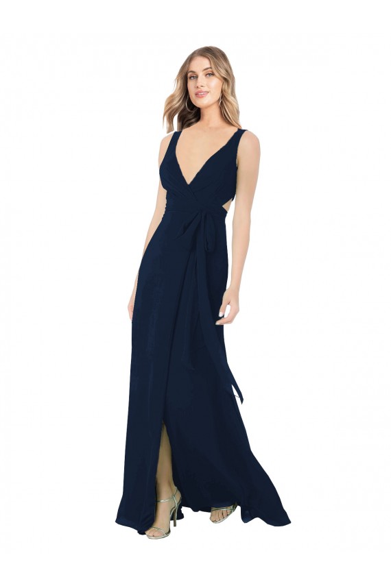 Billigste Dunkelmarine A-Linien V-Ausschnitt Chiffon Lange Brautjungfernkleider