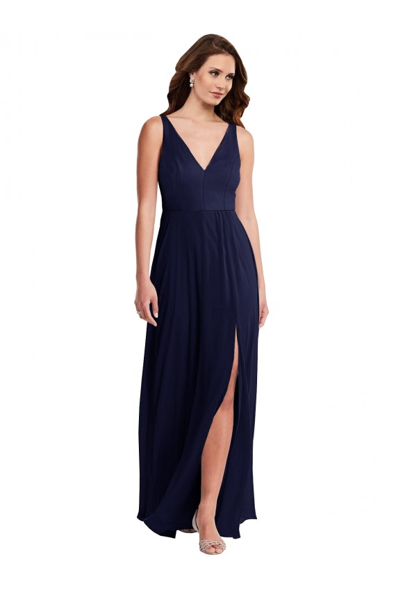 Billigste Dunkelmarine A-Linien V-Ausschnitt Chiffon Lange Brautjungfernkleider