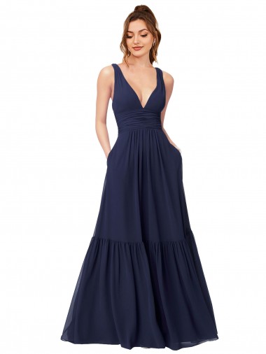 Billigste Dunkelmarine A-Linien V-Ausschnitt Chiffon Lange Brautjungfernkleider