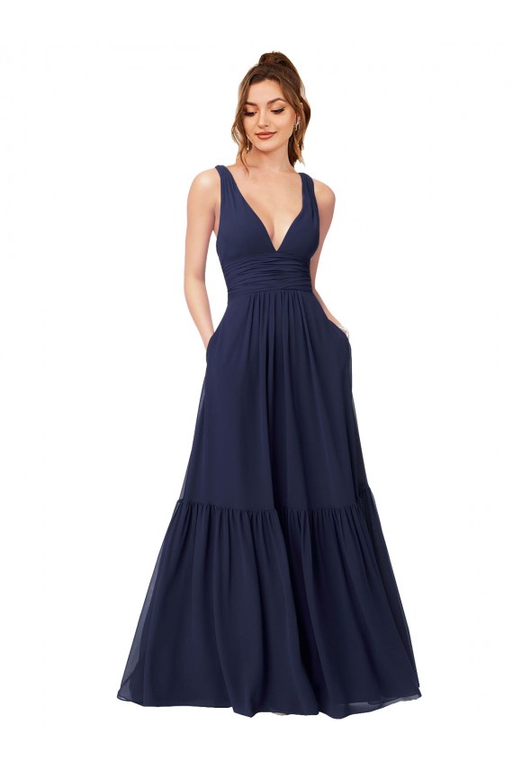 Billigste Dunkelmarine A-Linien V-Ausschnitt Chiffon Lange Brautjungfernkleider