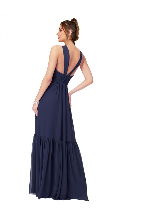 Billigste Dunkelmarine A-Linien V-Ausschnitt Chiffon Lange Brautjungfernkleider