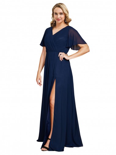 Billigste Dunkelmarine A-Linien V-Ausschnitt Chiffon Lange Formale Brautjungfernkleider / Abendkleider / Abiballkleider