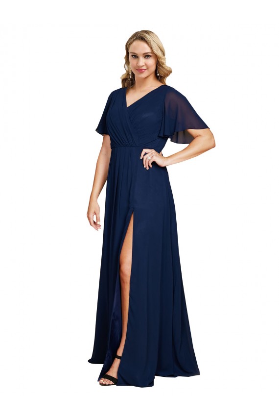 Billigste Dunkelmarine A-Linien V-Ausschnitt Chiffon Lange Formale Brautjungfernkleider / Abendkleider / Abiballkleider