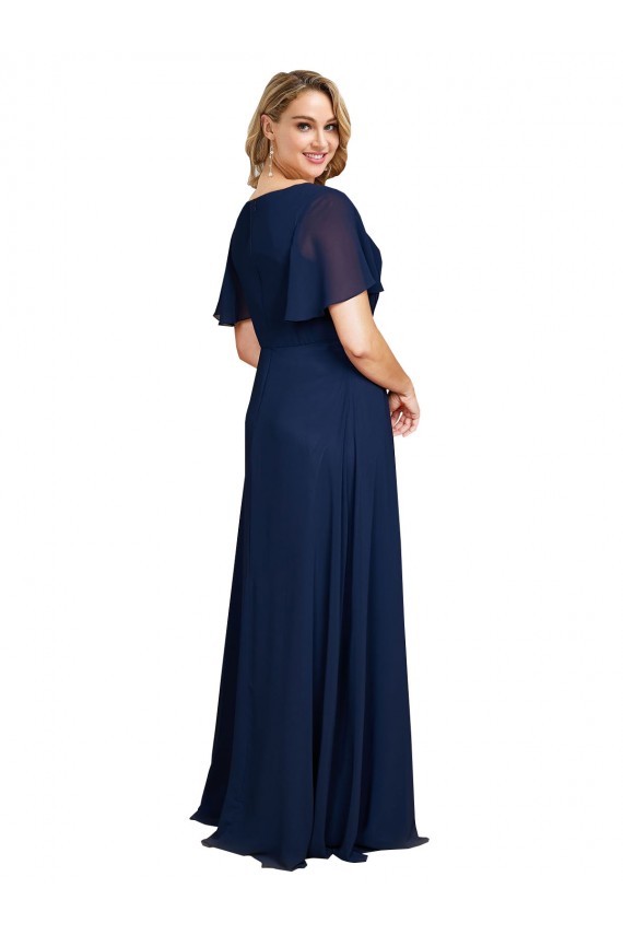 Billigste Dunkelmarine A-Linien V-Ausschnitt Chiffon Lange Formale Brautjungfernkleider / Abendkleider / Abiballkleider