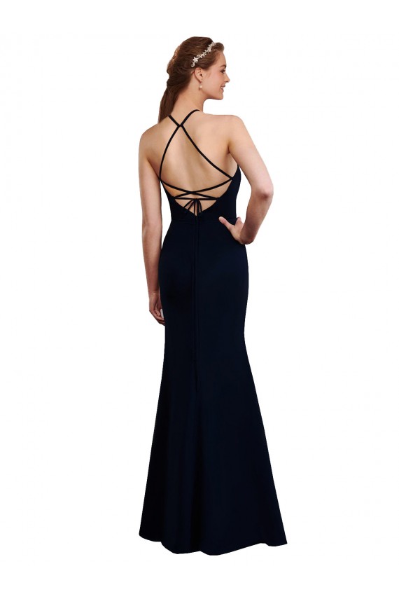 Billigste Dunkelmarine Meerjungfrau Neckholder Chiffon Lange Brautjungfernkleider