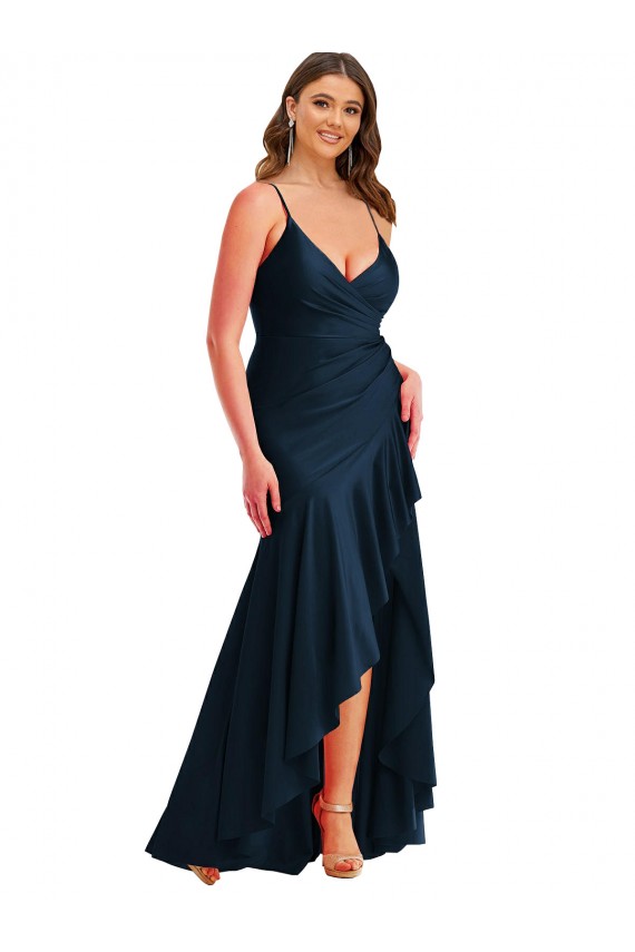 Billigste Dunkelmarine Meerjungfrau Spaghetti-Träger Seidiger Satin Lange Formale Brautjungfernkleider / Abendkleider / Abiballkleider