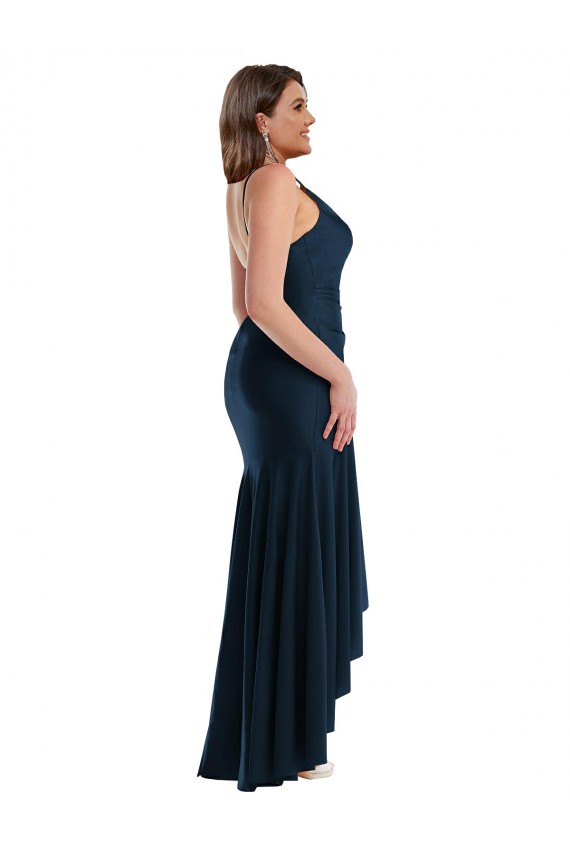 Billigste Dunkelmarine Meerjungfrau Spaghetti-Träger Seidiger Satin Lange Formale Brautjungfernkleider / Abendkleider / Abiballkleider