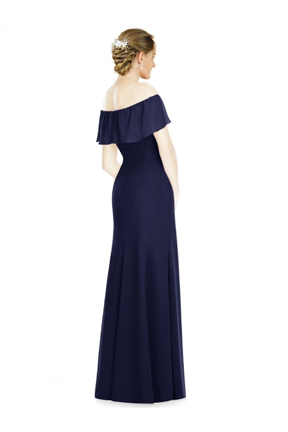 Billigste Dunkelmarine Trompete Off-Schulter Chiffon Lange Brautjungfernkleider