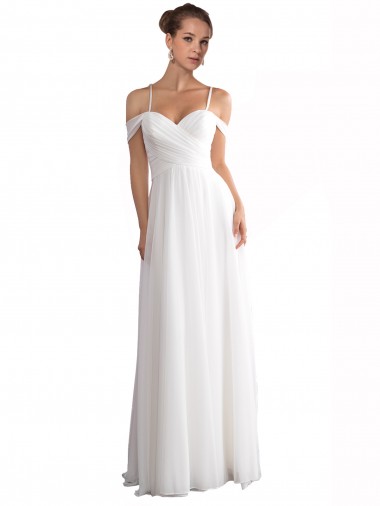 Billigste Elfenbein A-Linien Off-Schulter Sweep Zug Chiffon Strand Brautkleider