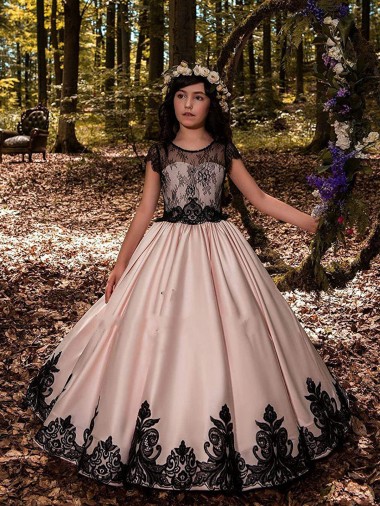 Billigste Elfenbein Prinzessin Satin Spitze Lange Blumenmädchenkleider