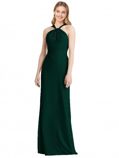 Billigste Evergrün Trompete Neckholder Chiffon Lange Brautjungfernkleider