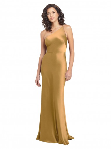Billigste Gold A-Linien Eine-Schulter Stretch-Satin Lange Formale Brautjungfernkleider / Abendkleider / Abiballkleider