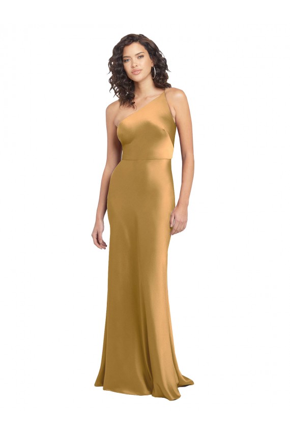 Billigste Gold A-Linien Eine-Schulter Stretch-Satin Lange Formale Brautjungfernkleider / Abendkleider / Abiballkleider