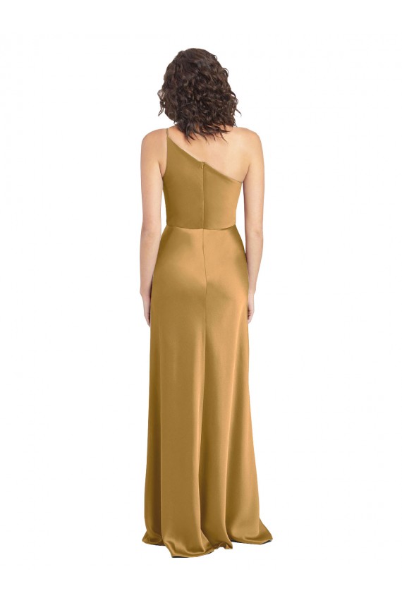 Billigste Gold A-Linien Eine-Schulter Stretch-Satin Lange Formale Brautjungfernkleider / Abendkleider / Abiballkleider