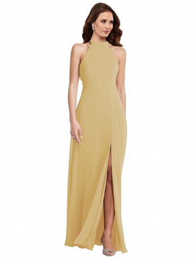 Billigste Gold A-Linien Neckholder Chiffon Lange Brautjungfernkleider
