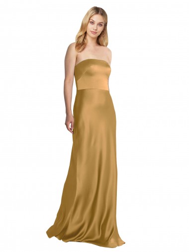 Billigste Gold A-Linien Trägerlos Stretch-Satin Lange Formale Brautjungfernkleider / Abendkleider / Abiballkleider