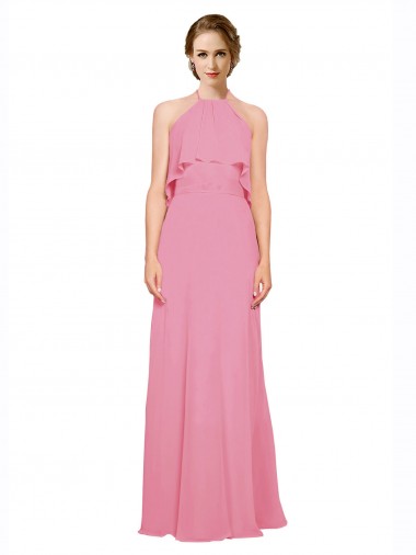 Billigste Hautrosa A-Linien Neckholder Stehkragen Ausschnitt Chiffon Lange Brautjungfernkleider