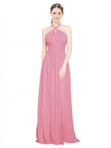 Billigste Hautrosa A-Linien Neckholder V-Ausschnitt Chiffon Lange Brautjungfernkleider