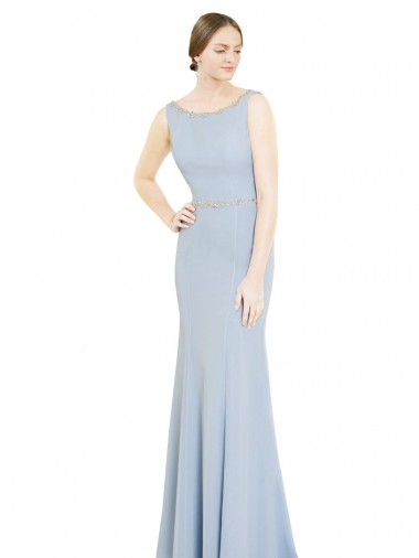 Billigste Helles Himmelblau A-Linien Bootshals Stehkragen Ausschnitt Chiffon Lange Brautjungfernkleider