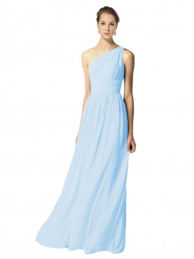 Billigste Helles Himmelblau A-Linien Eine-Schulter Chiffon Lange Brautjungfernkleider