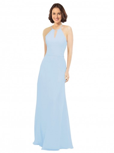 Billigste Helles Himmelblau A-Linien Neckholder Chiffon Lange Brautjungfernkleider