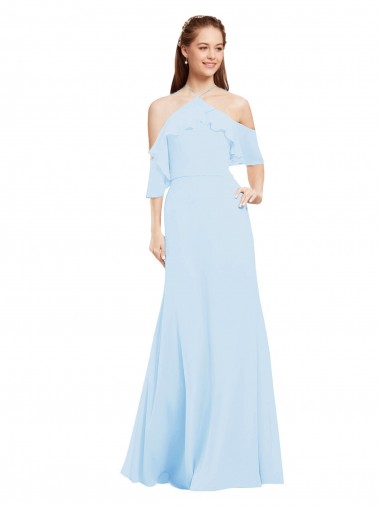 Billigste Helles Himmelblau A-Linien Neckholder Chiffon Lange Brautjungfernkleider