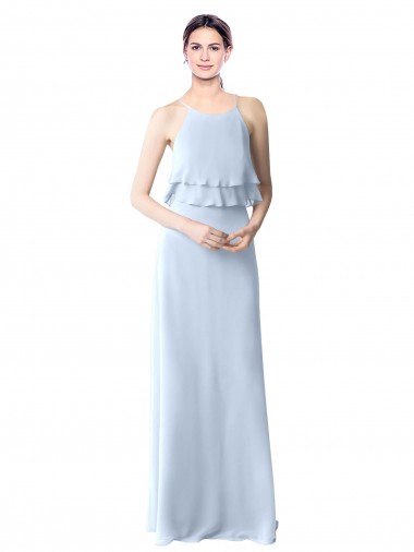 Billigste Helles Himmelblau A-Linien Neckholder Chiffon Lange Brautjungfernkleider