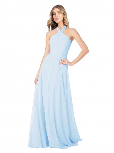 Billigste Helles Himmelblau A-Linien Neckholder Stehkragen Ausschnitt Chiffon Lange Brautjungfernkleider