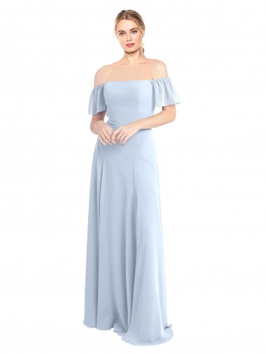 Billigste Helles Himmelblau A-Linien Off-Schulter Quadrat Ausschnitt Chiffon Lange Brautjungfernkleider