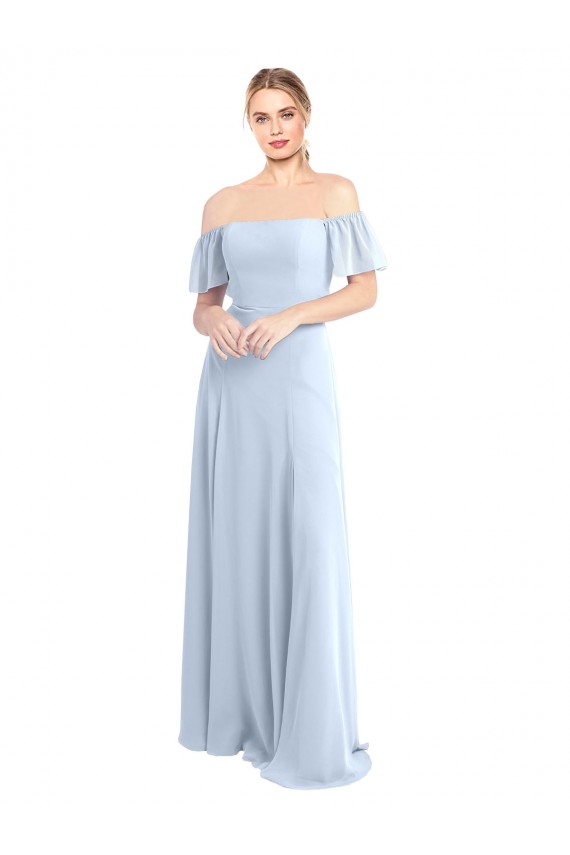 Billigste Helles Himmelblau A-Linien Off-Schulter Quadrat Ausschnitt Chiffon Lange Brautjungfernkleider