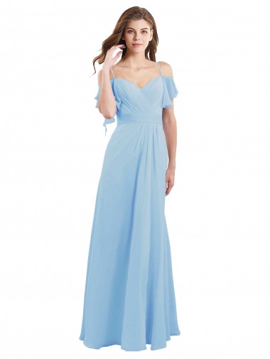 Billigste Helles Himmelblau A-Linien Spaghetti-Träger Chiffon Lange Brautjungfernkleider