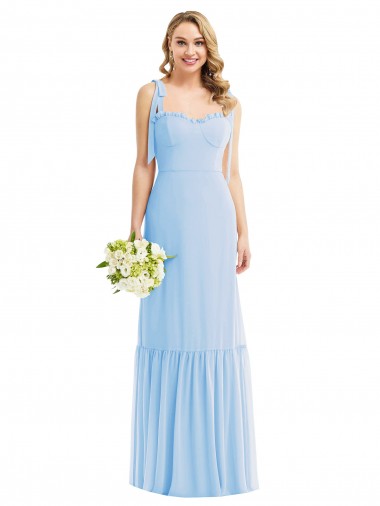Billigste Helles Himmelblau A-Linien Spaghetti-Träger Chiffon Lange Brautjungfernkleider