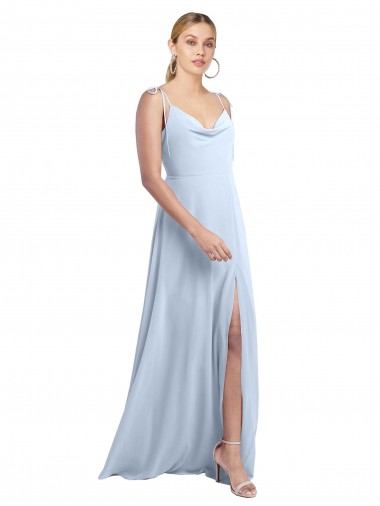 Billigste Helles Himmelblau A-Linien Spaghetti-Träger Haube Ausschnitt Chiffon Lange Brautjungfernkleider