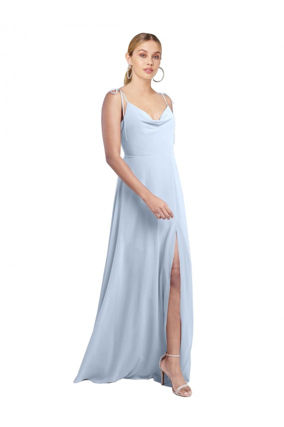 Billigste Helles Himmelblau A-Linien Spaghetti-Träger Haube Ausschnitt Chiffon Lange Brautjungfernkleider