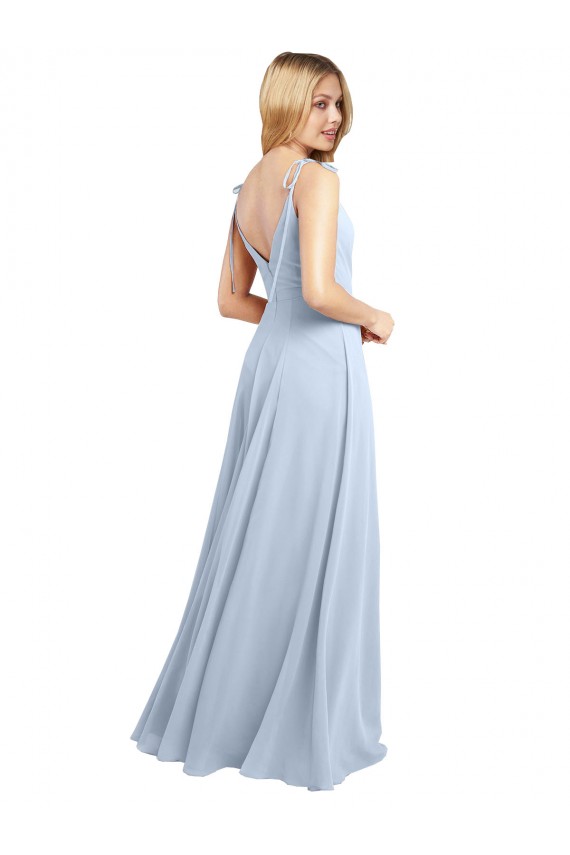 Billigste Helles Himmelblau A-Linien Spaghetti-Träger Haube Ausschnitt Chiffon Lange Brautjungfernkleider