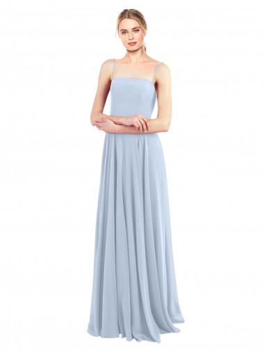 Billigste Helles Himmelblau A-Linien Spaghetti-Träger Quadrat Ausschnitt Chiffon Lange Brautjungfernkleider
